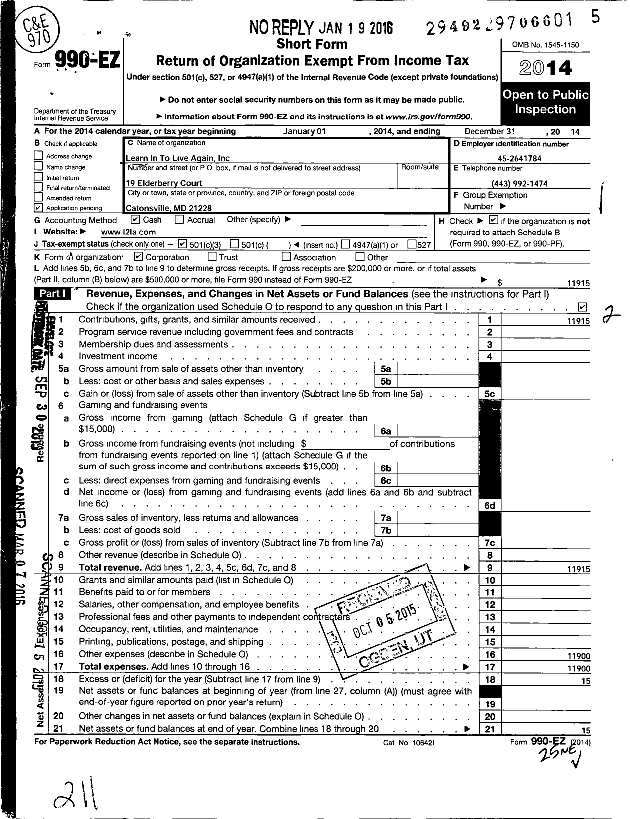 Image of first page of 2014 Form 990EZ for Learn in To Live Again