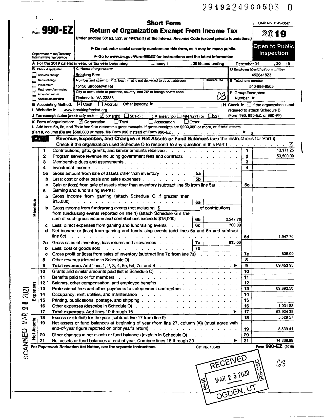 Image of first page of 2019 Form 990EZ for Breaking Free