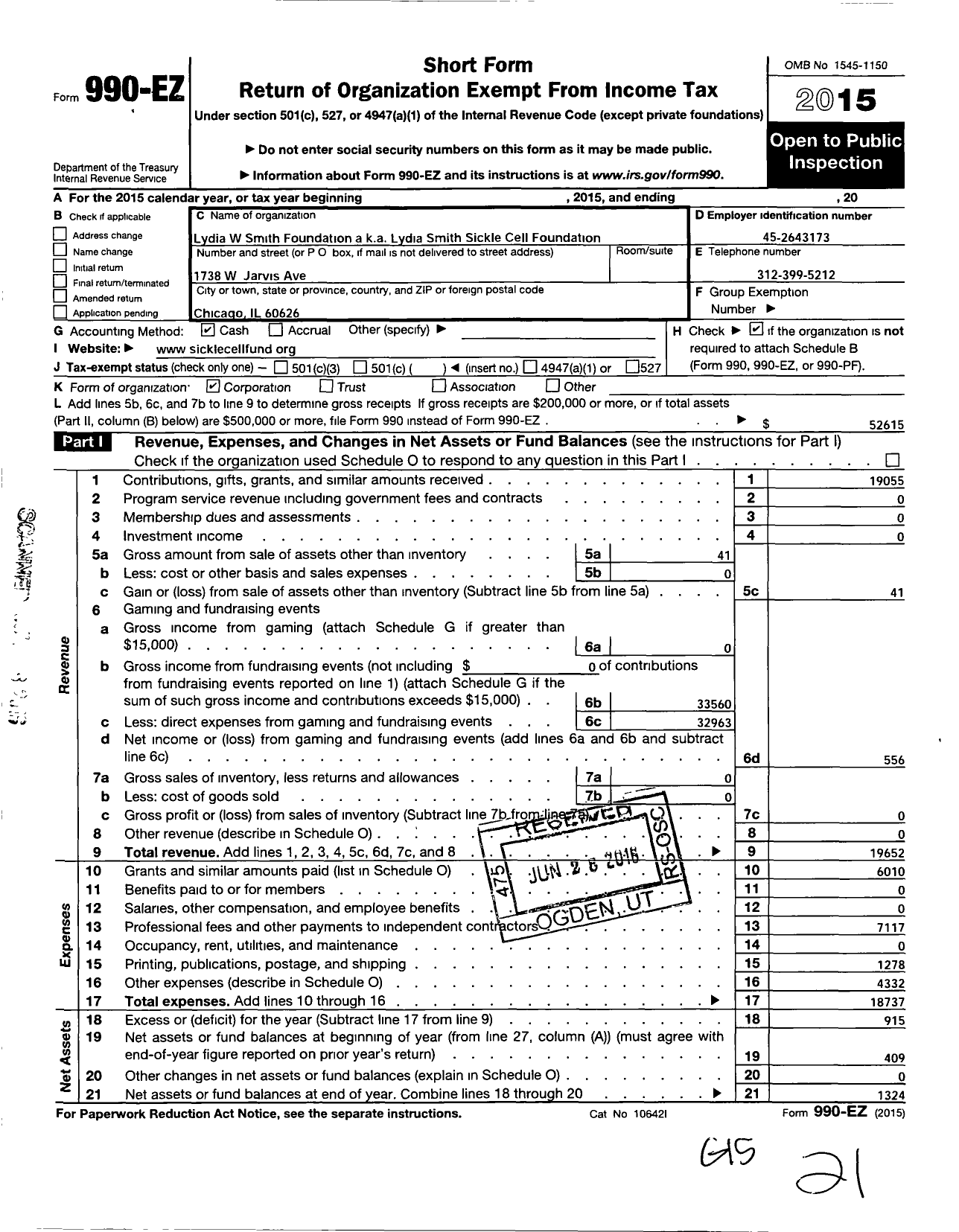 Image of first page of 2015 Form 990EO for Lydia W Smith Foundation