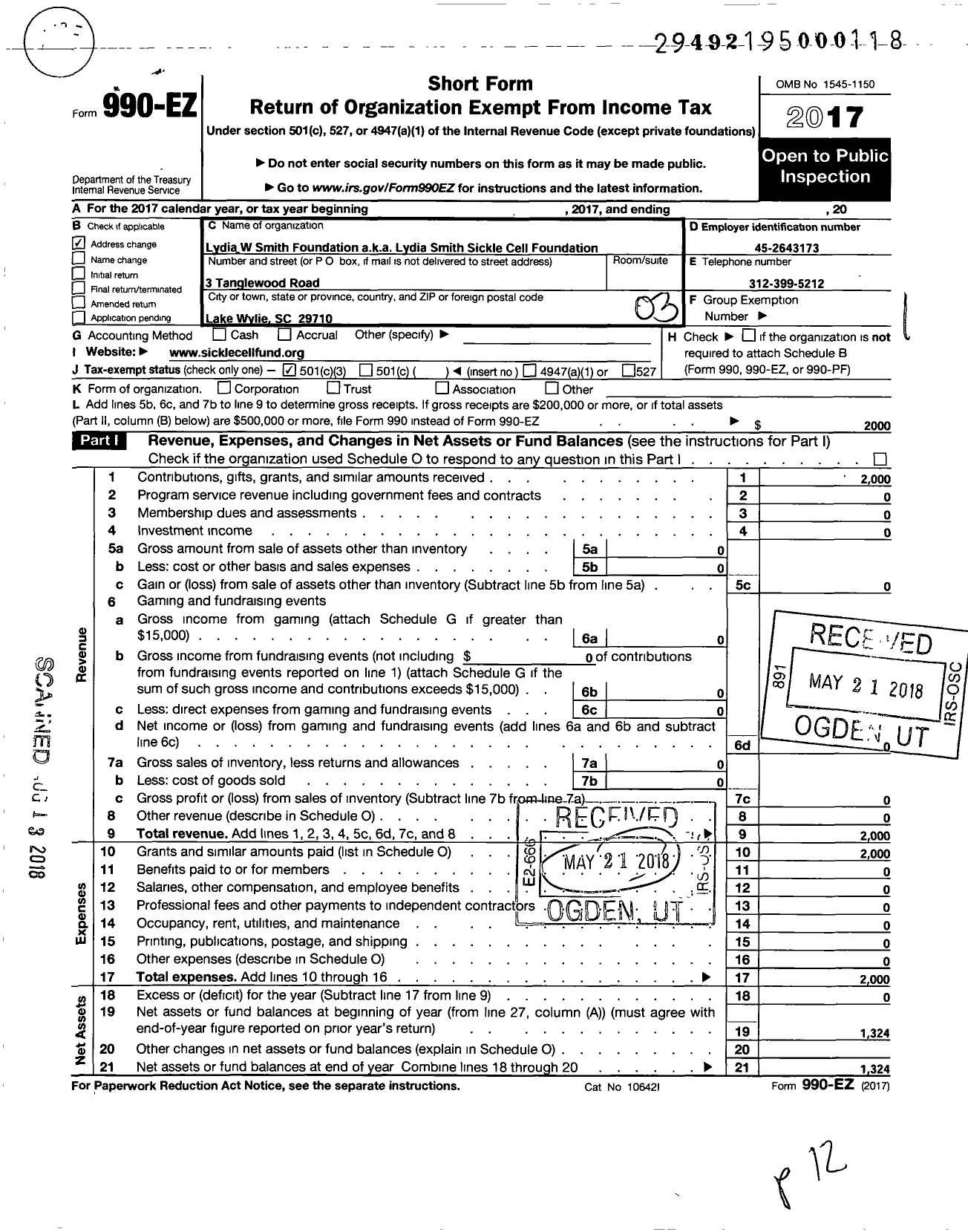 Image of first page of 2017 Form 990EZ for Lydia W Smith Foundation