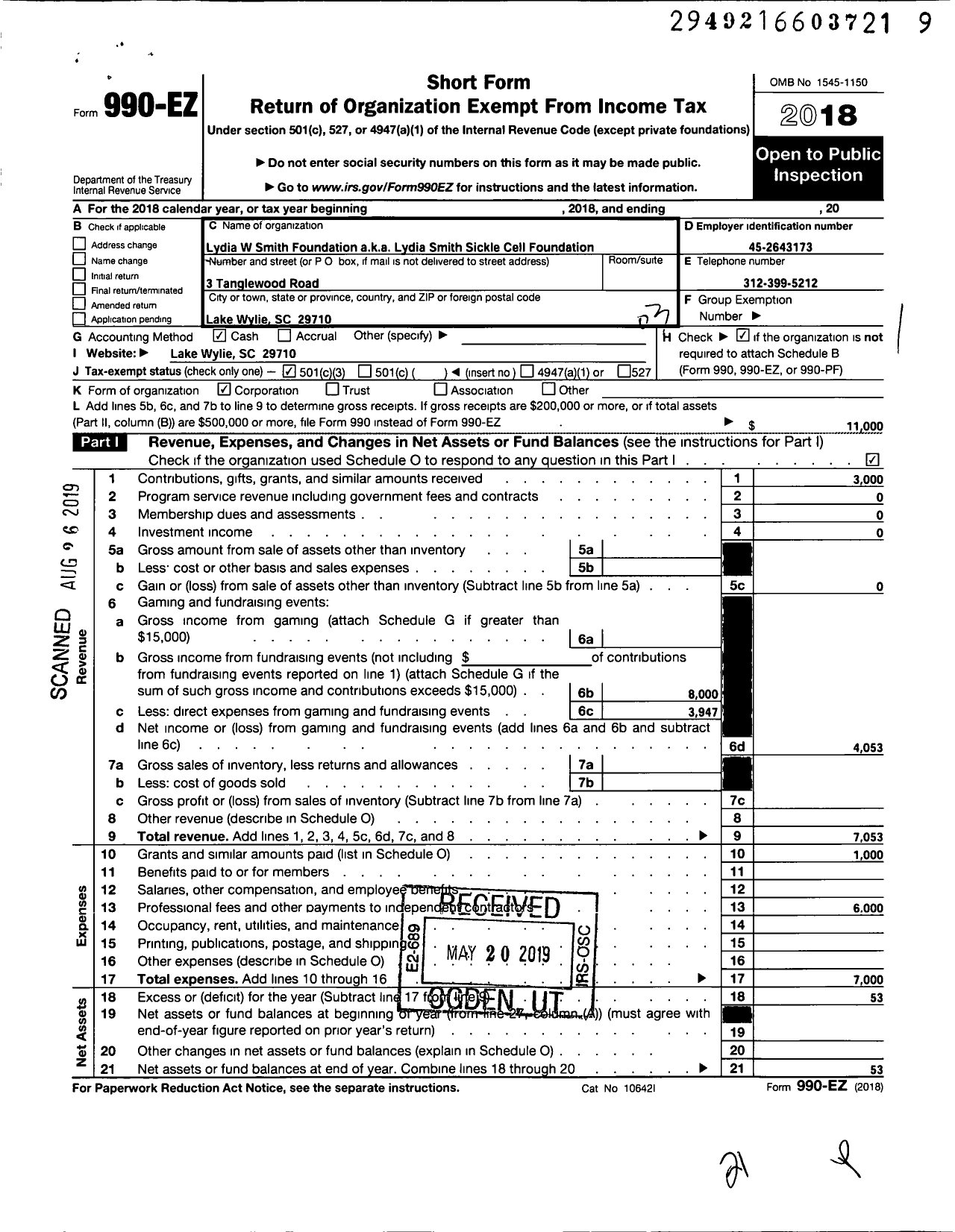 Image of first page of 2018 Form 990EZ for Lydia W Smith Foundation