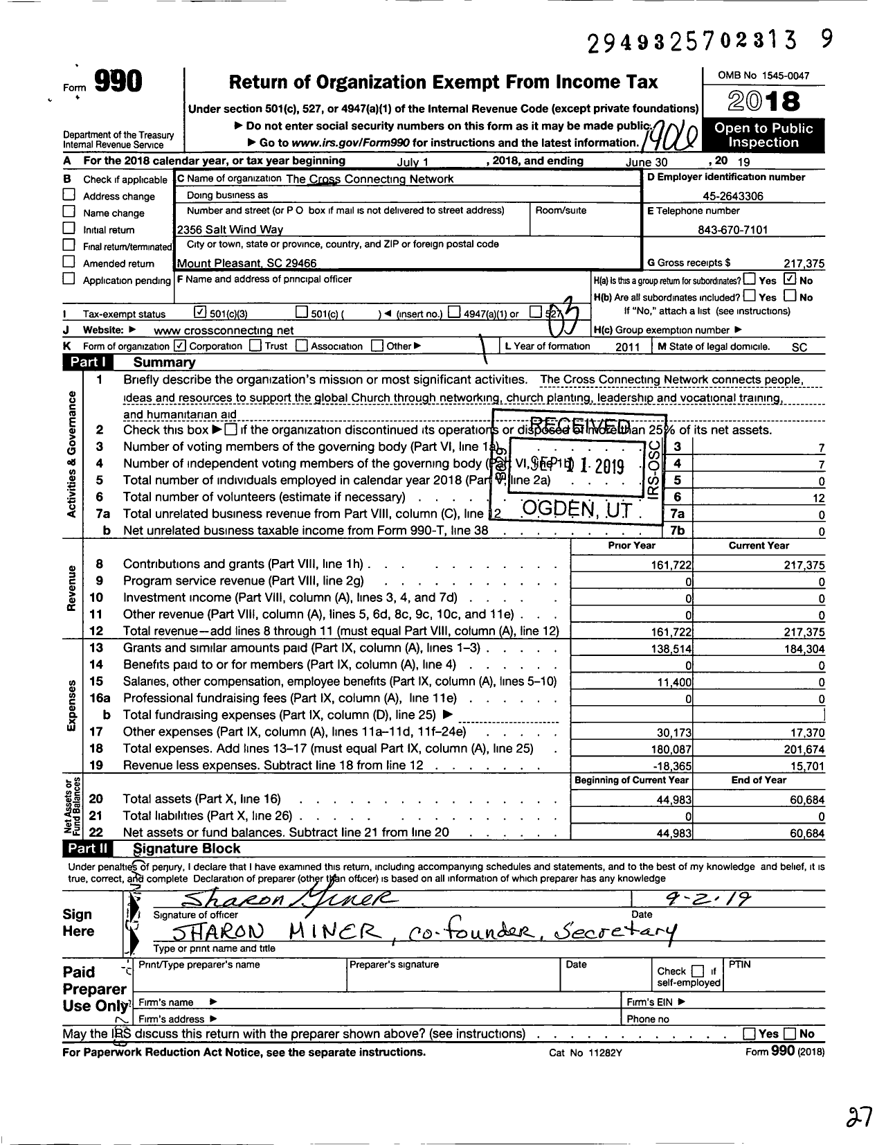 Image of first page of 2018 Form 990 for Cross Connecting Network