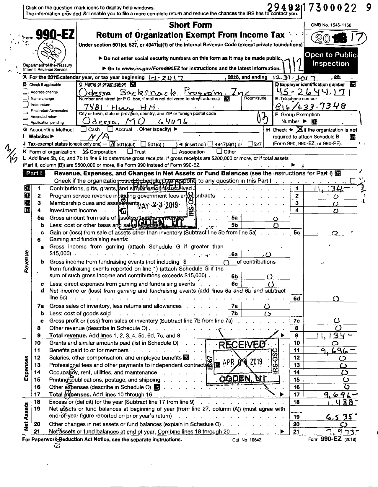 Image of first page of 2017 Form 990EZ for Odessa Backsnack Program