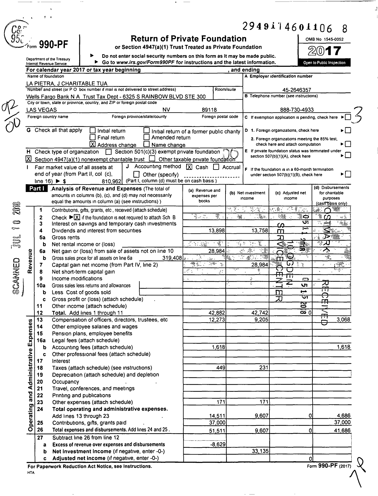 Image of first page of 2017 Form 990PF for La Pietra J Charitable Tua