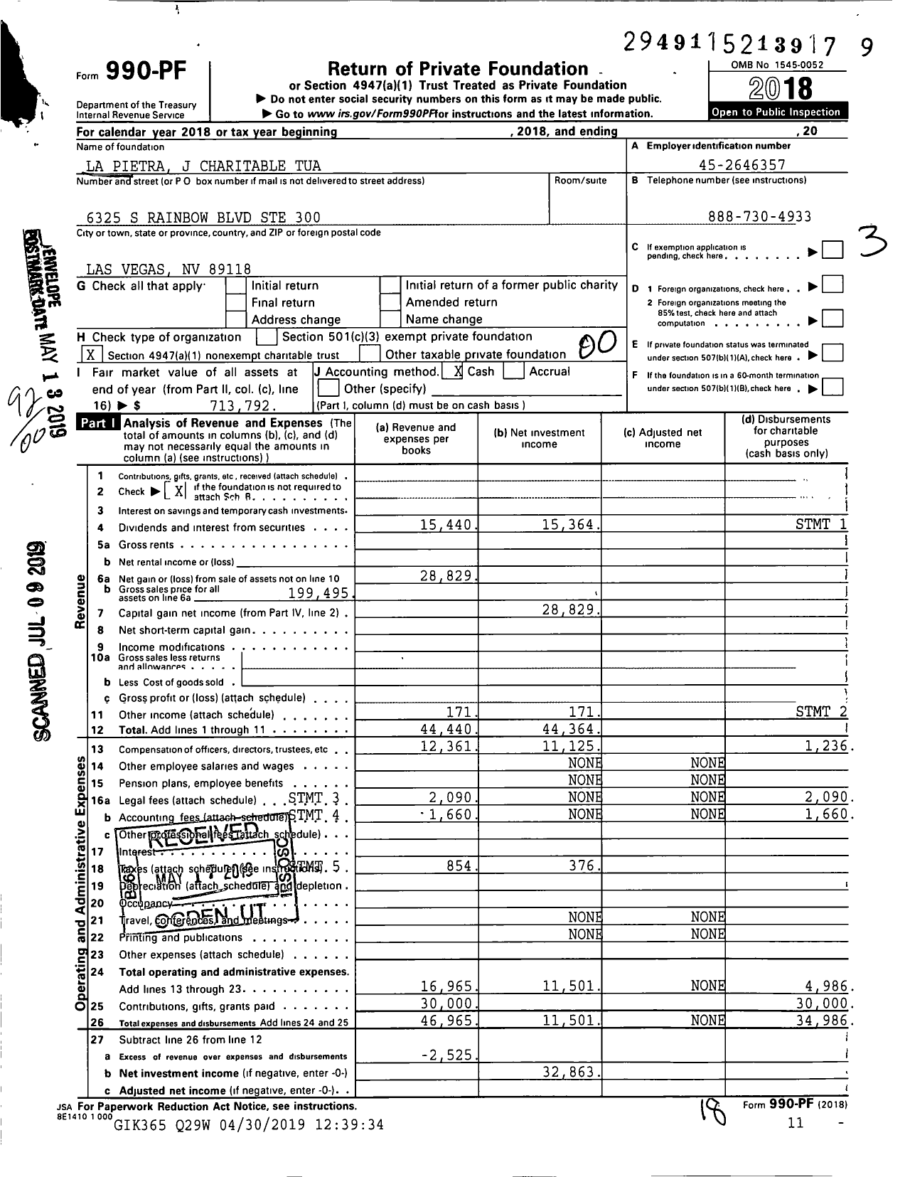 Image of first page of 2018 Form 990PF for La Pietra J Charitable Tua