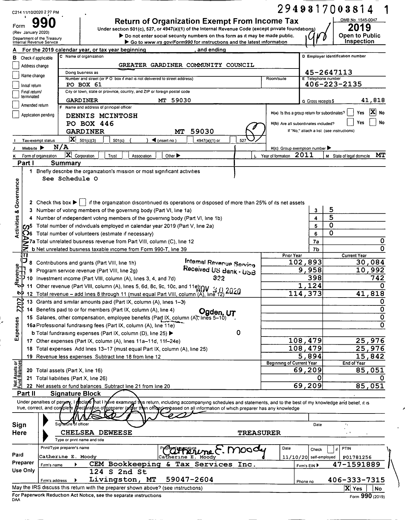 Image of first page of 2019 Form 990 for Greater Gardiner Community Council