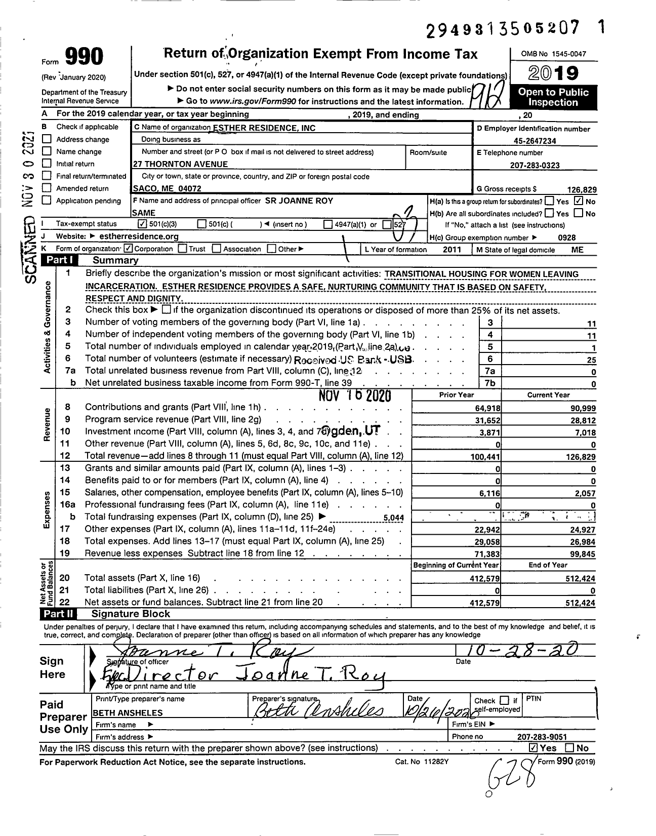 Image of first page of 2019 Form 990 for Esther Residence