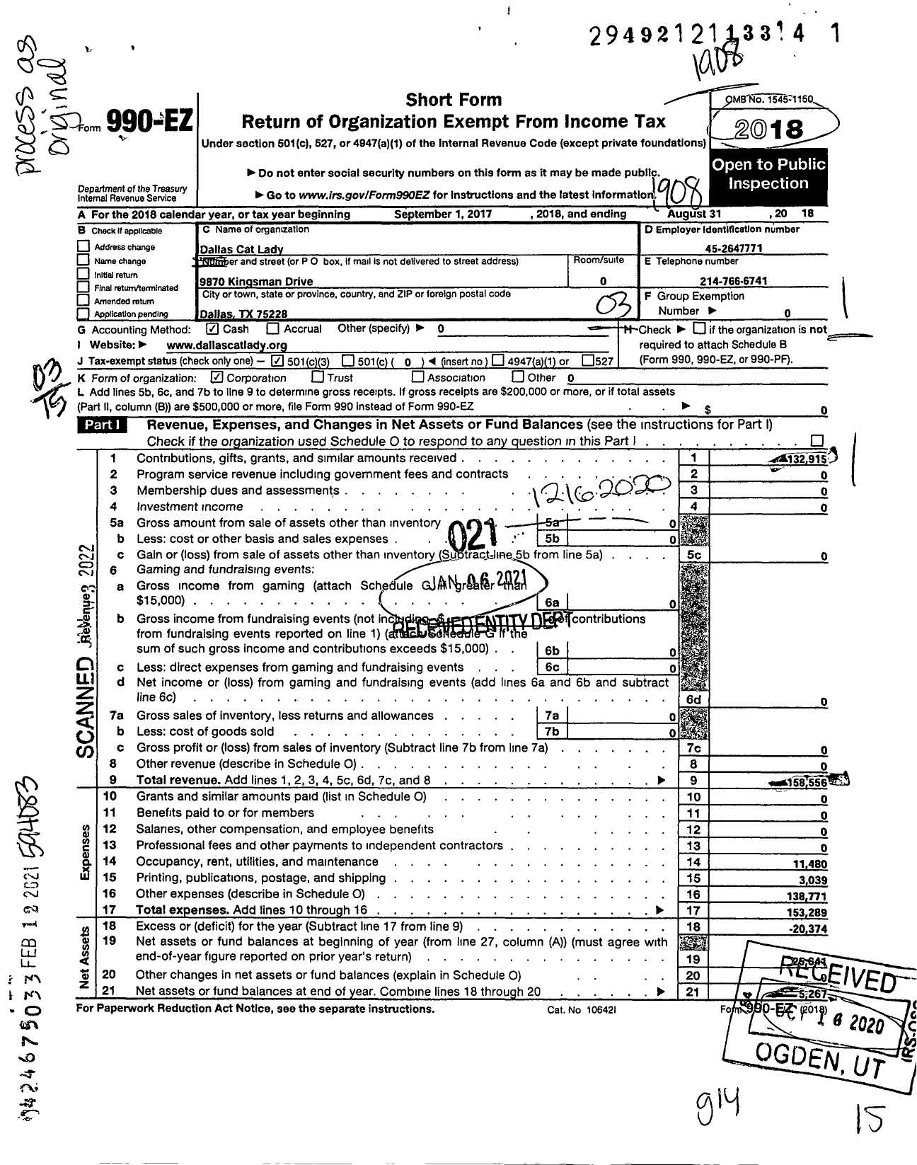 Image of first page of 2018 Form 990EZ for Dallas Cat Lady