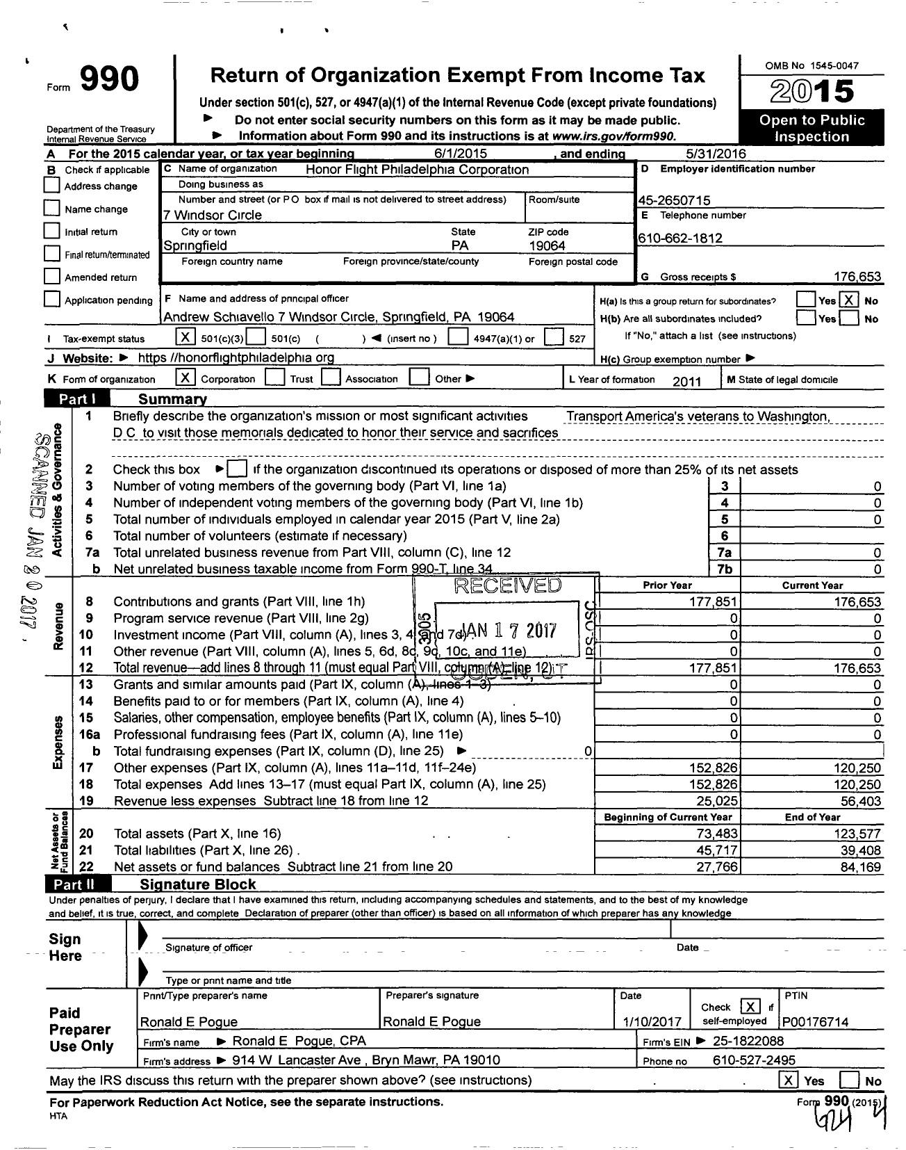 Image of first page of 2015 Form 990 for Honor Flight Philadelphia Corporation