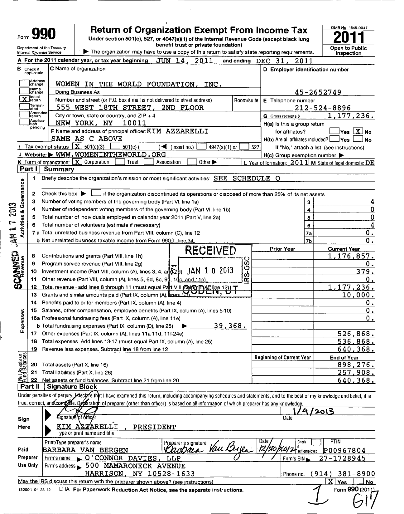 Image of first page of 2011 Form 990 for Women in the World Foundation