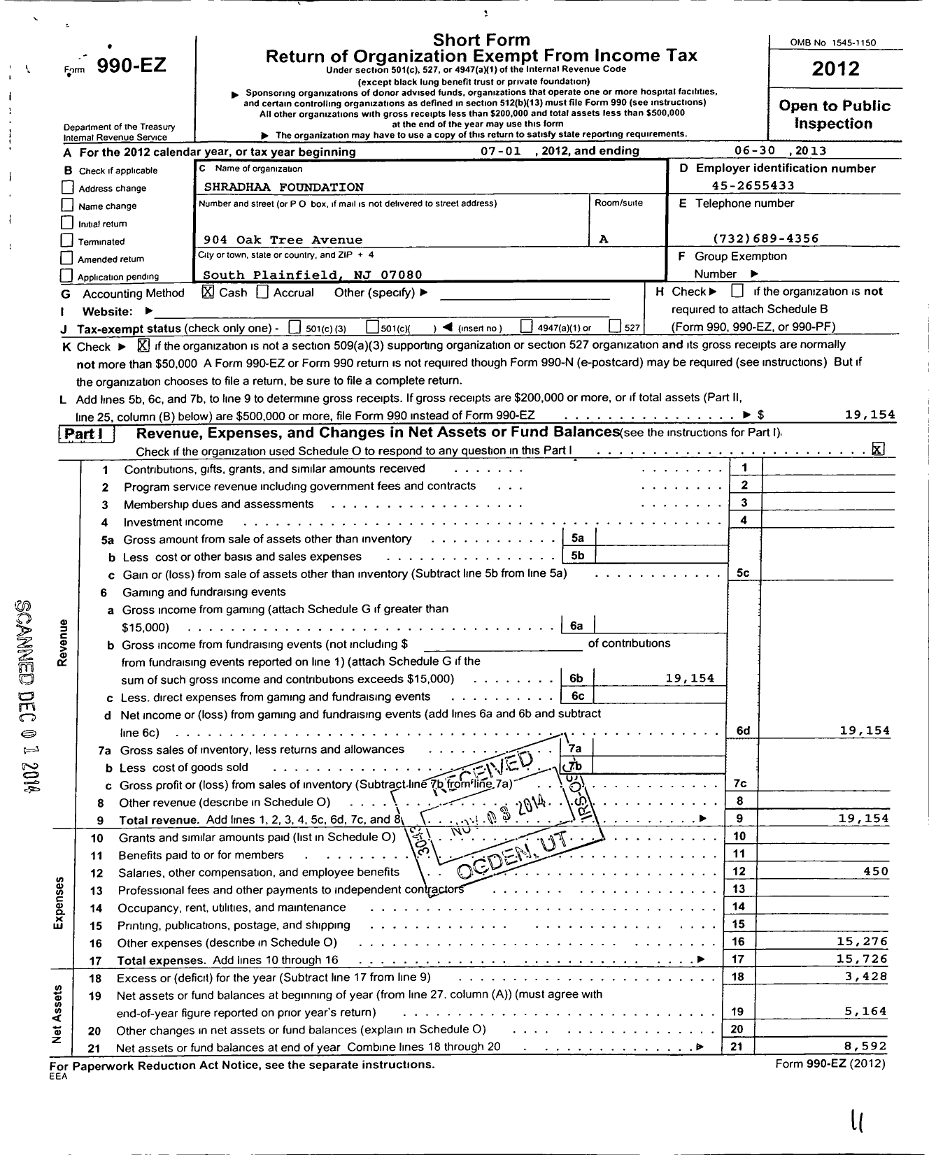 Image of first page of 2012 Form 990EO for Shradhaa Foundation