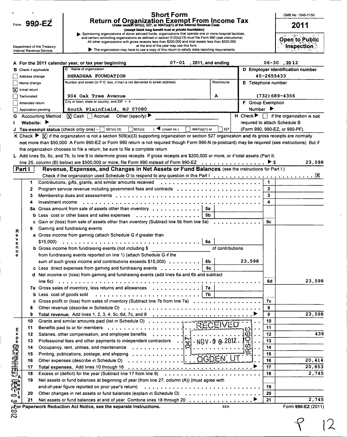 Image of first page of 2011 Form 990EO for Shradhaa Foundation