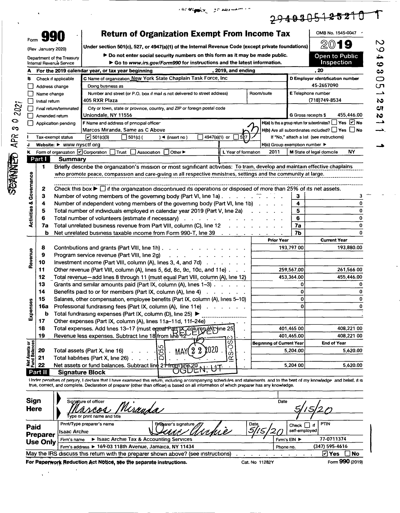 Image of first page of 2019 Form 990 for New York State Chaplain Task Force