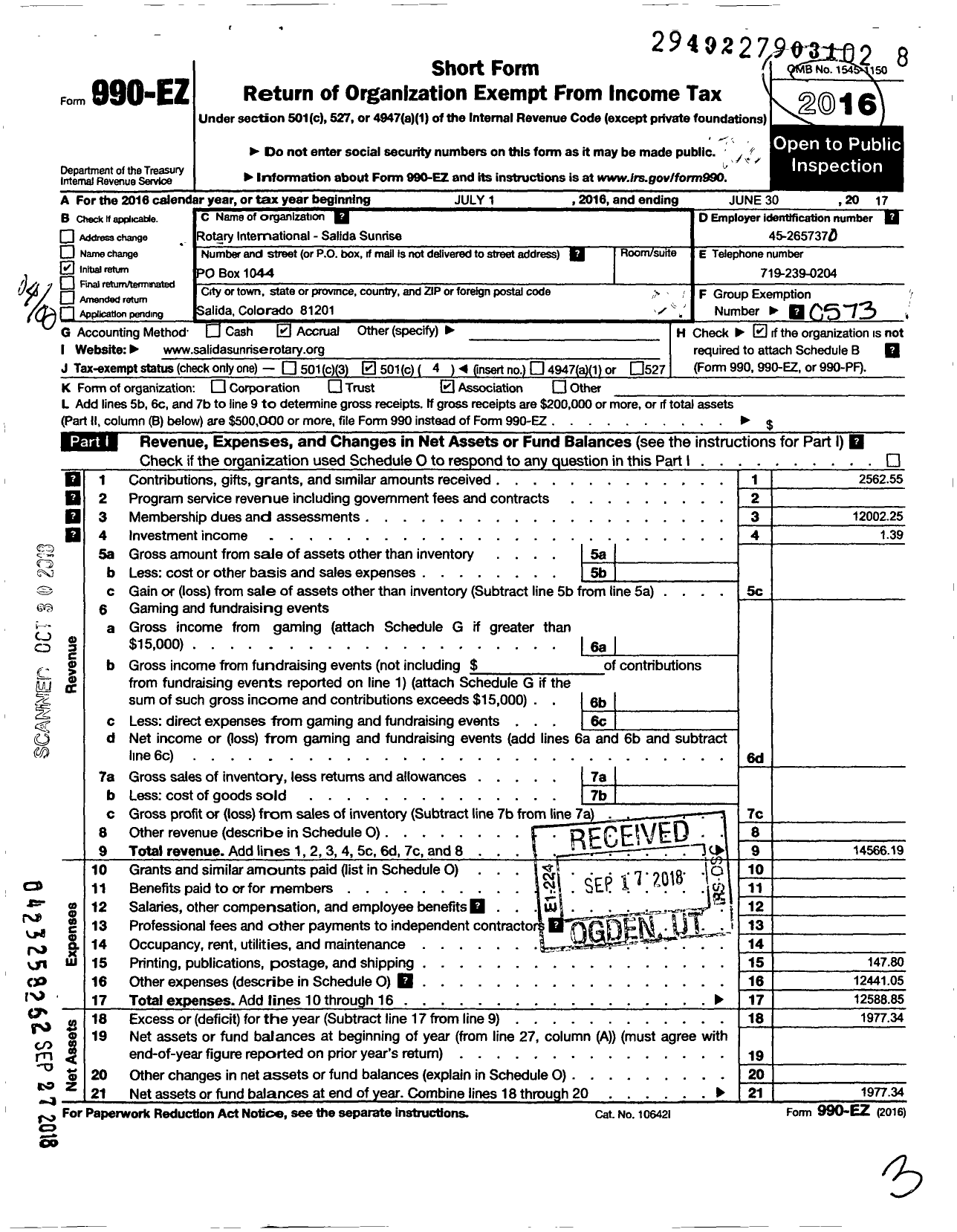 Image of first page of 2016 Form 990EO for Rotary International - Salida Sunrise