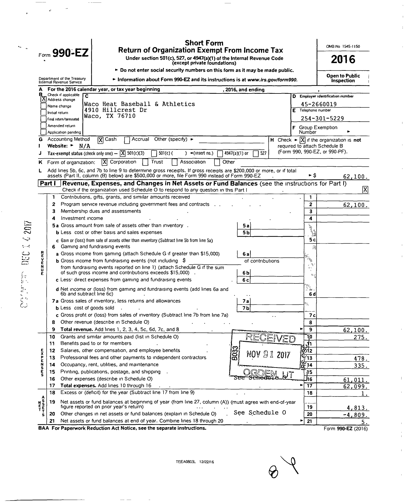 Image of first page of 2016 Form 990EZ for Waco Heat Baseball and Athletics