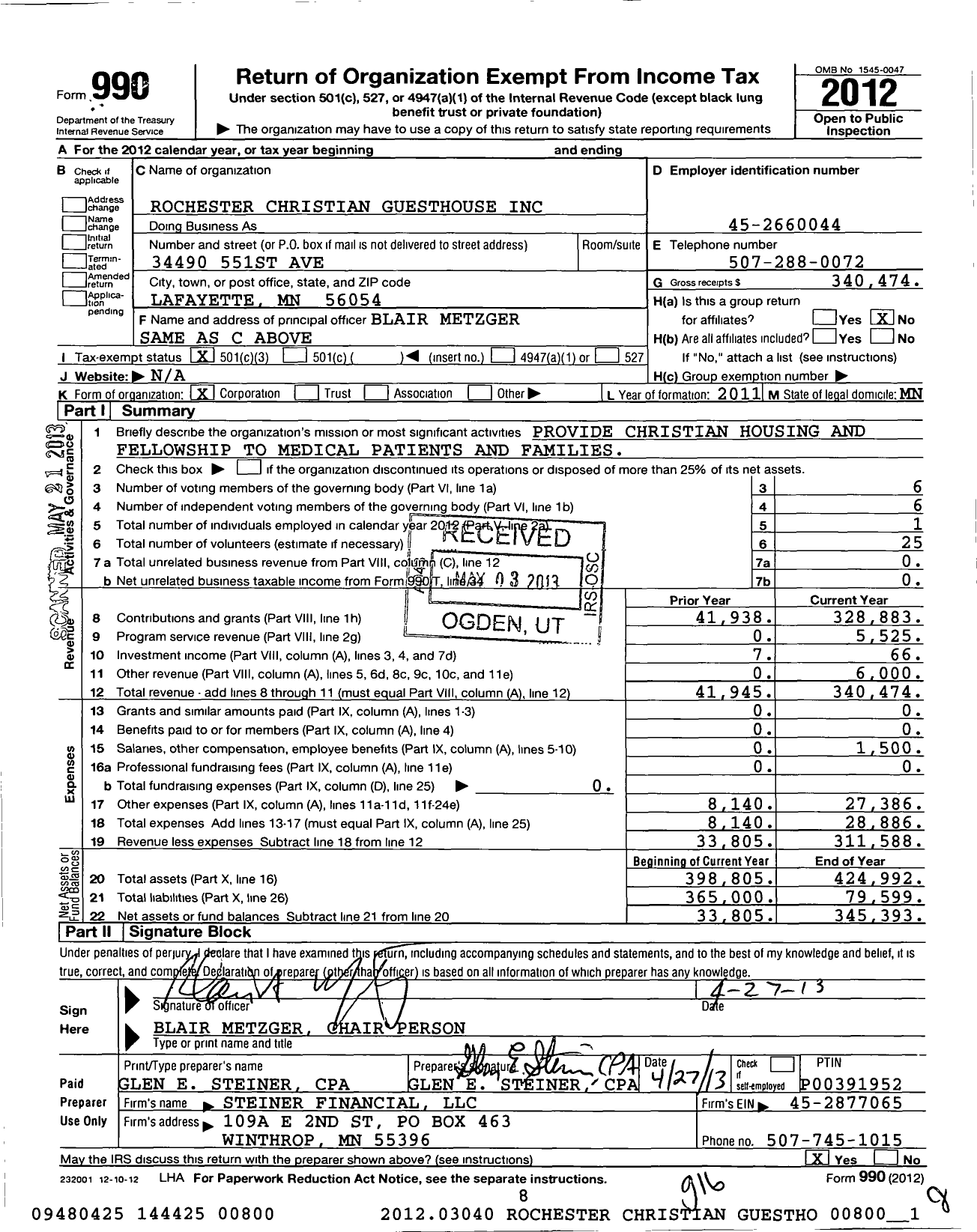 Image of first page of 2012 Form 990 for Rochester Christian Guesthouse