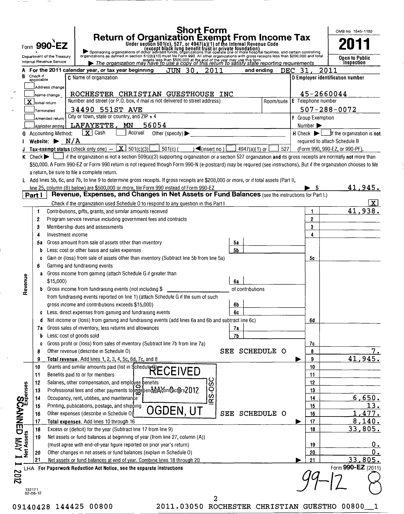 Image of first page of 2011 Form 990EZ for Rochester Christian Guesthouse