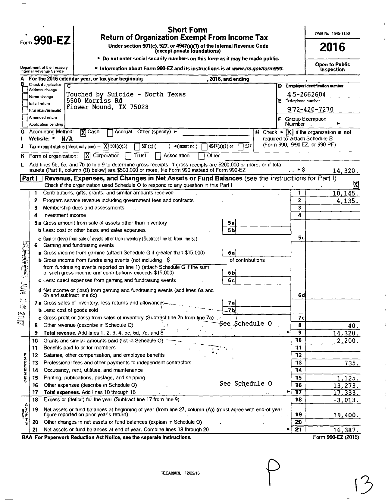 Image of first page of 2016 Form 990EZ for Touched By Suicide - North Texas