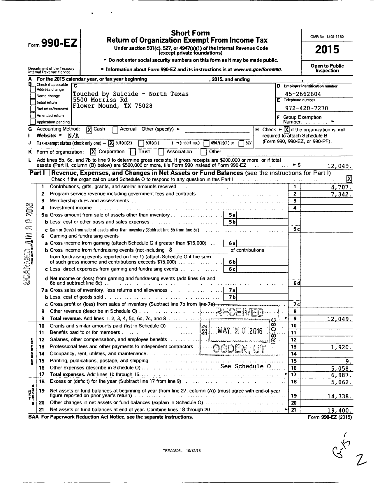 Image of first page of 2015 Form 990EZ for Touched By Suicide - North Texas