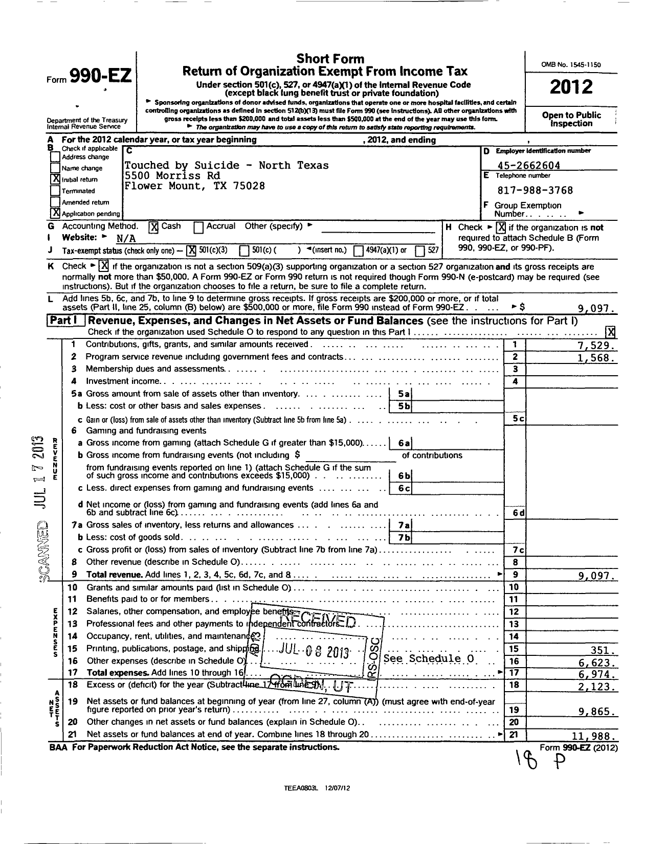 Image of first page of 2012 Form 990EZ for Touched By Suicide - North Texas