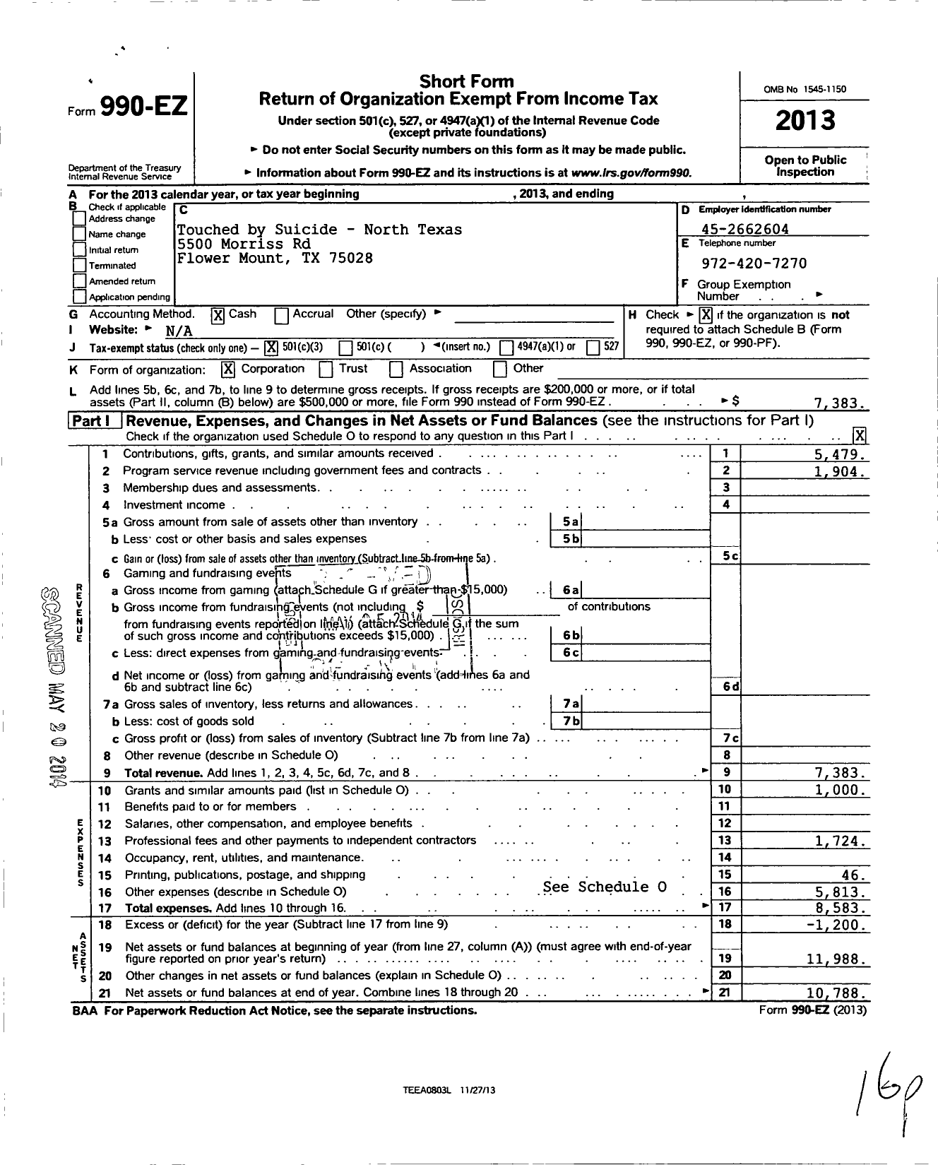 Image of first page of 2013 Form 990EZ for Touched By Suicide - North Texas