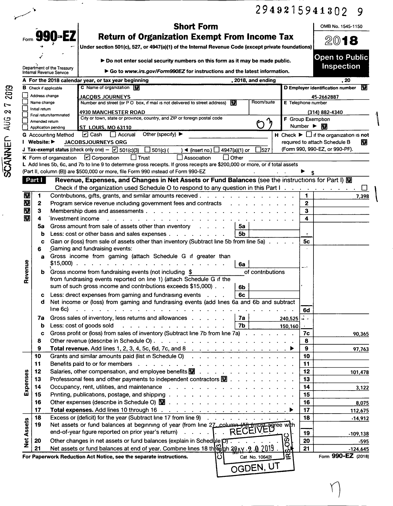 Image of first page of 2018 Form 990EZ for Jacobs Journeys