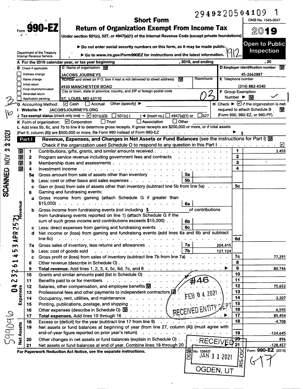 Image of first page of 2019 Form 990EZ for Jacobs Journeys