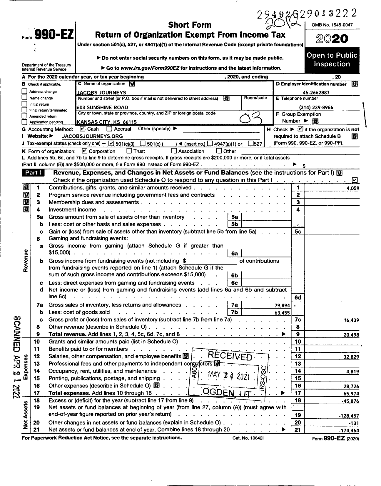 Image of first page of 2020 Form 990EZ for Jacobs Journeys