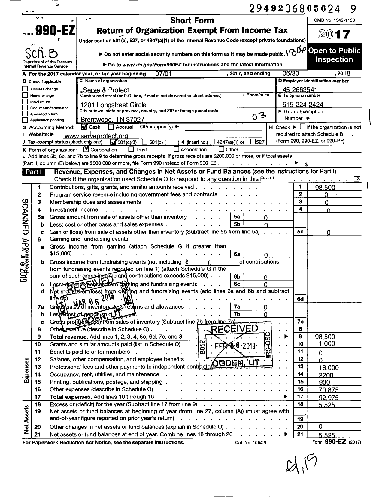 Image of first page of 2017 Form 990EZ for Serve and Protect