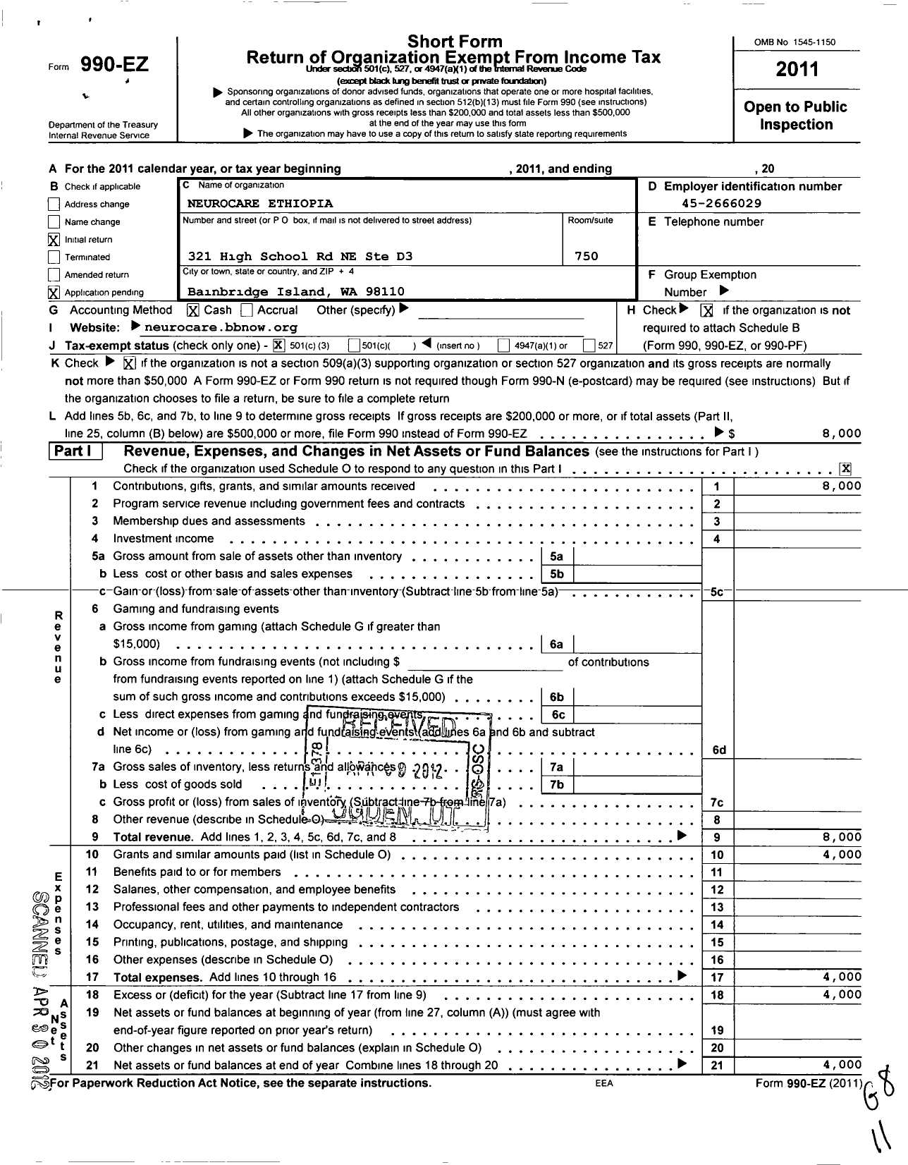 Image of first page of 2011 Form 990EZ for Global Neurocare