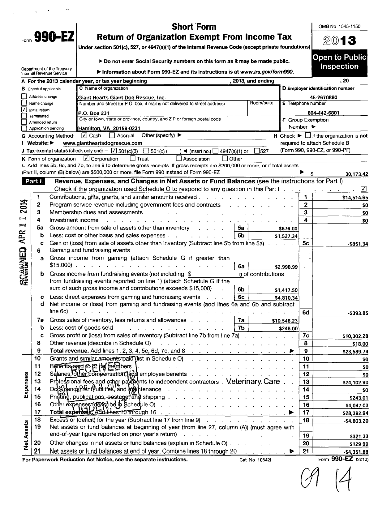 Image of first page of 2013 Form 990EZ for Giant Hearts Giant Dog Rescue