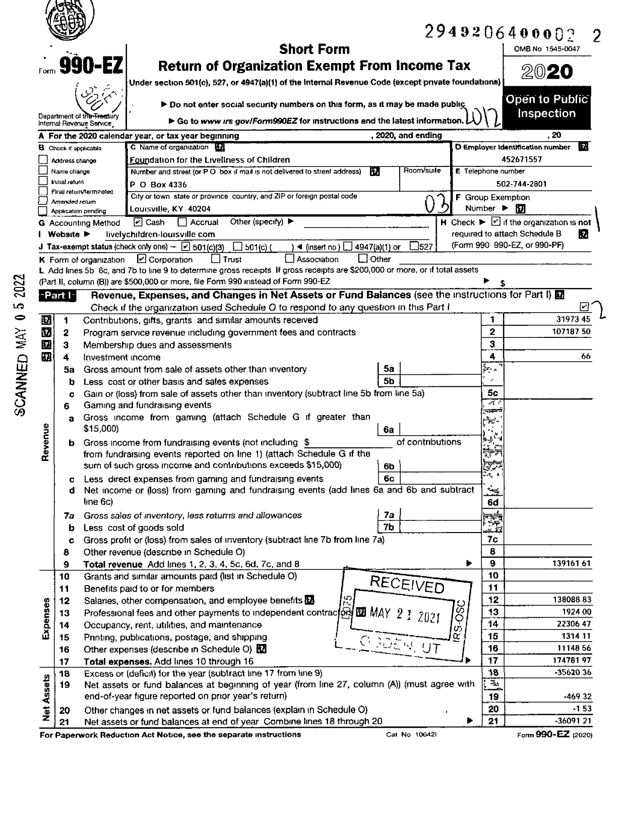 Image of first page of 2020 Form 990EZ for Foundation for the Liveliness of Children