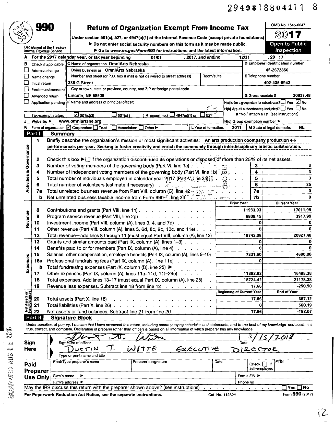 Image of first page of 2017 Form 990 for Omniarts Nebraska