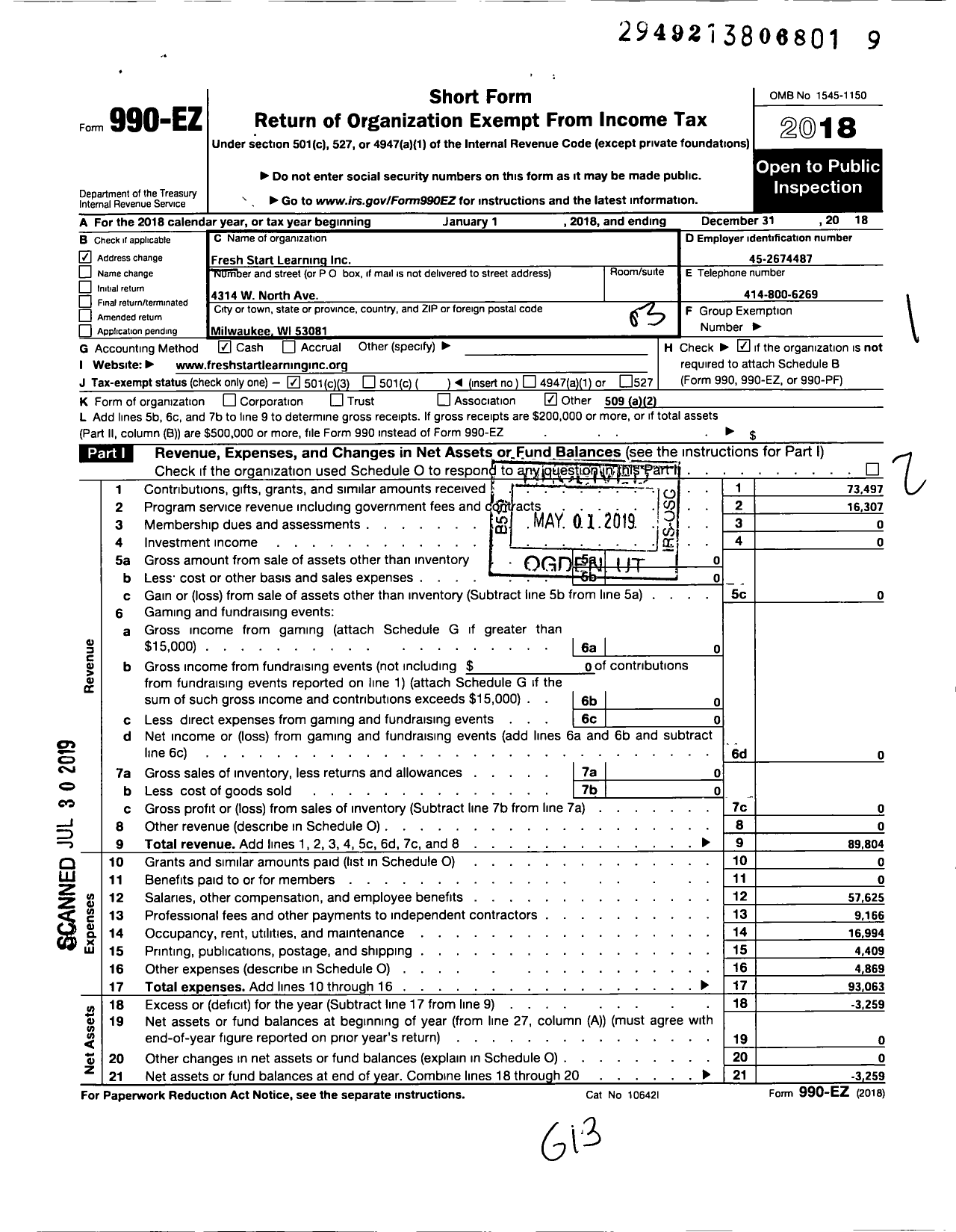 Image of first page of 2018 Form 990EZ for Fresh Start Learning