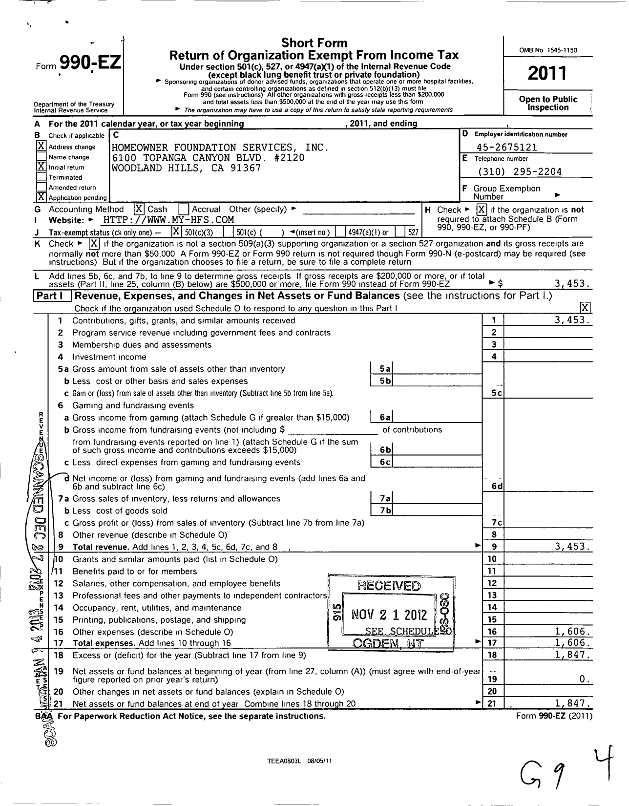 Image of first page of 2011 Form 990EZ for Homeowner Foundation Services