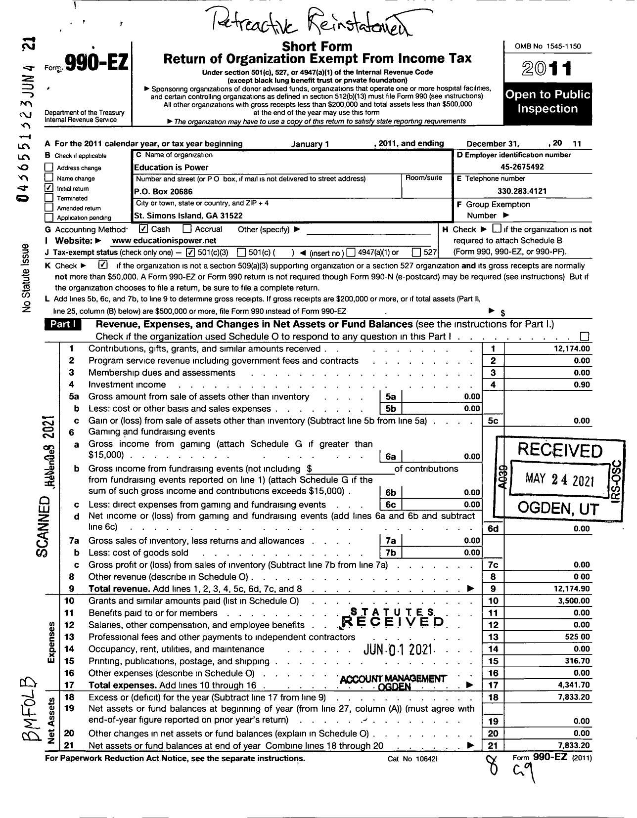 Image of first page of 2011 Form 990EA for Education Is Power