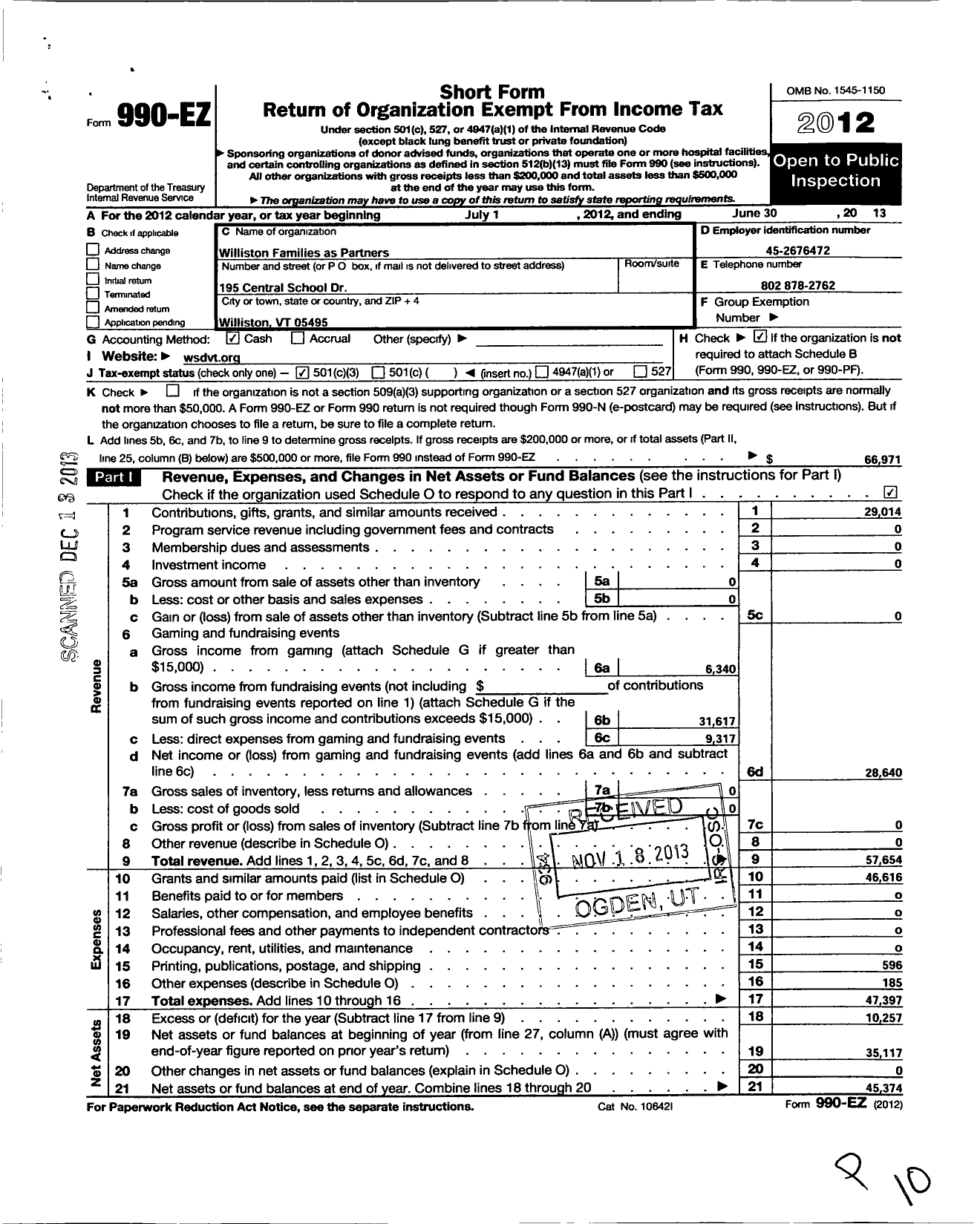 Image of first page of 2012 Form 990EZ for Williston Families as Partners