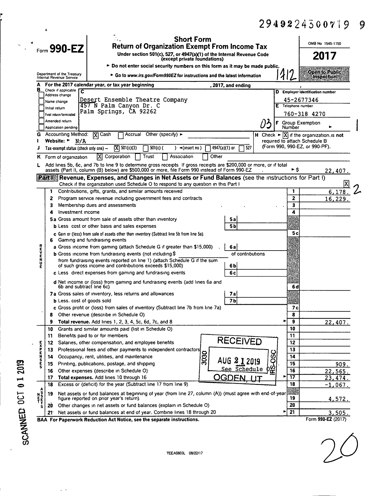 Image of first page of 2017 Form 990EZ for Desert Ensemble Theatre Company