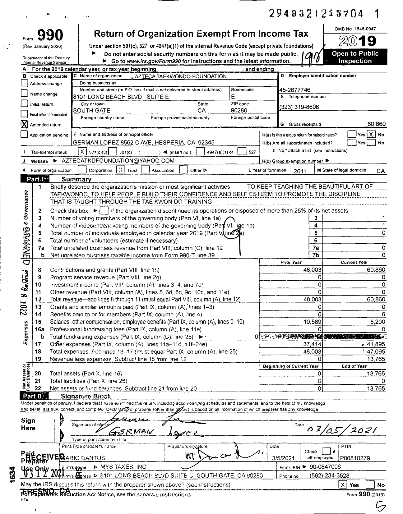 Image of first page of 2019 Form 990 for Azteca Taekwondo Foundation