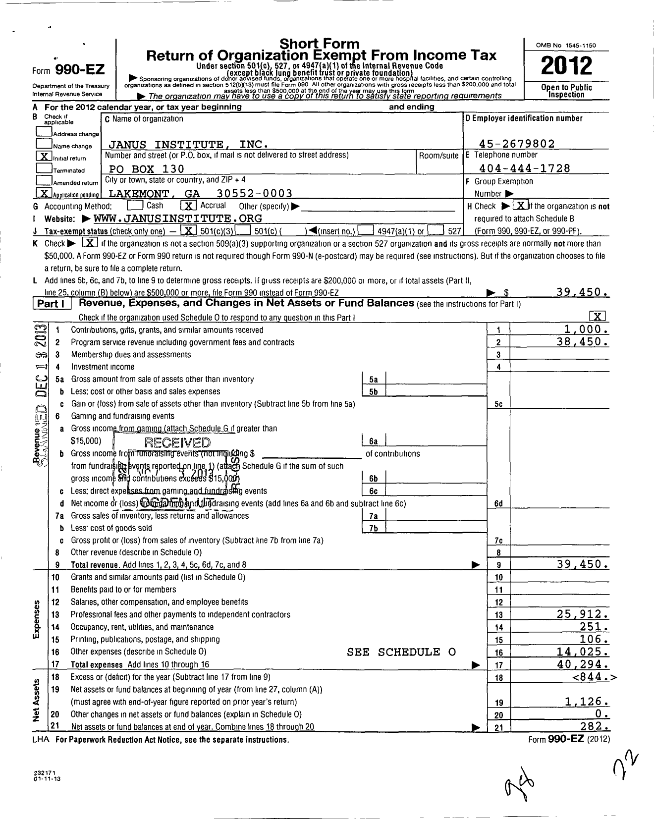 Image of first page of 2012 Form 990EZ for Janus Institute