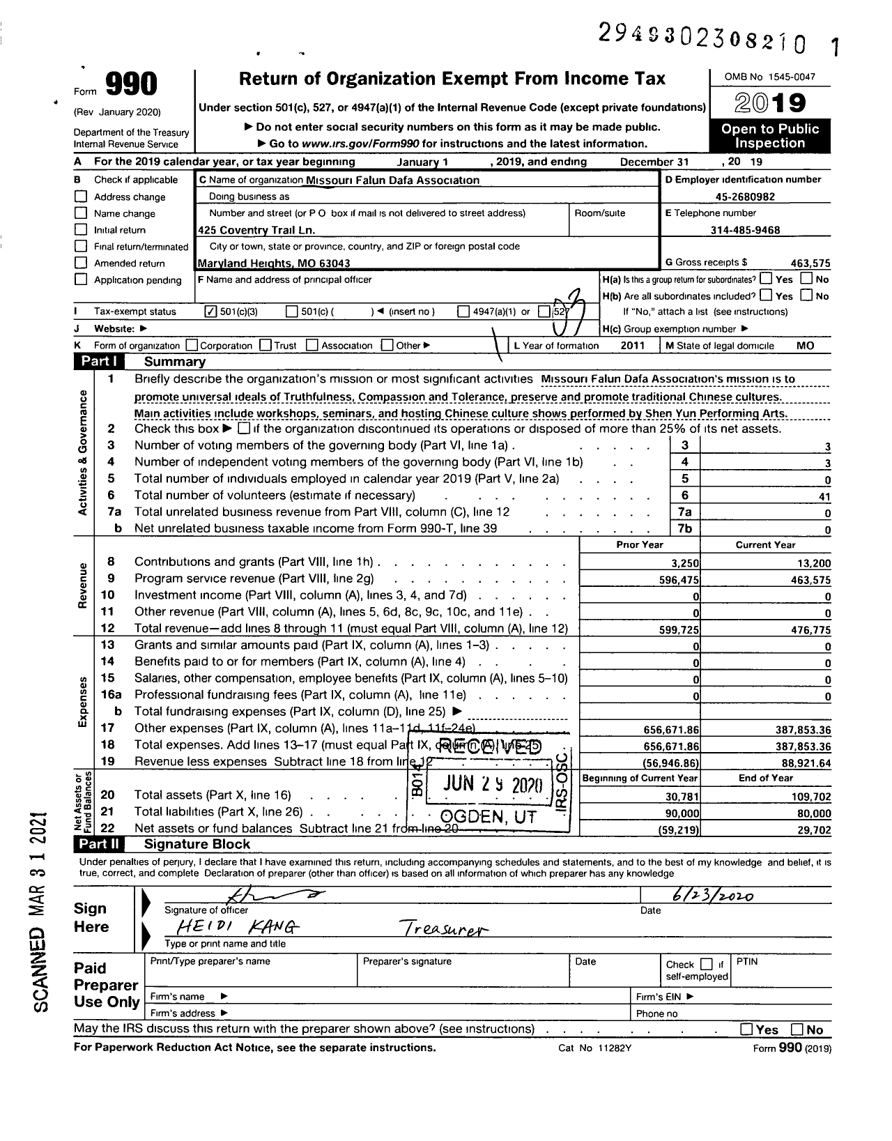 Image of first page of 2019 Form 990 for Missouri Falun Dafa Association