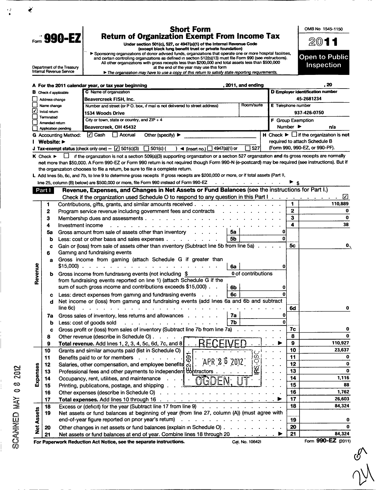 Image of first page of 2011 Form 990EZ for Beavercreek Fish