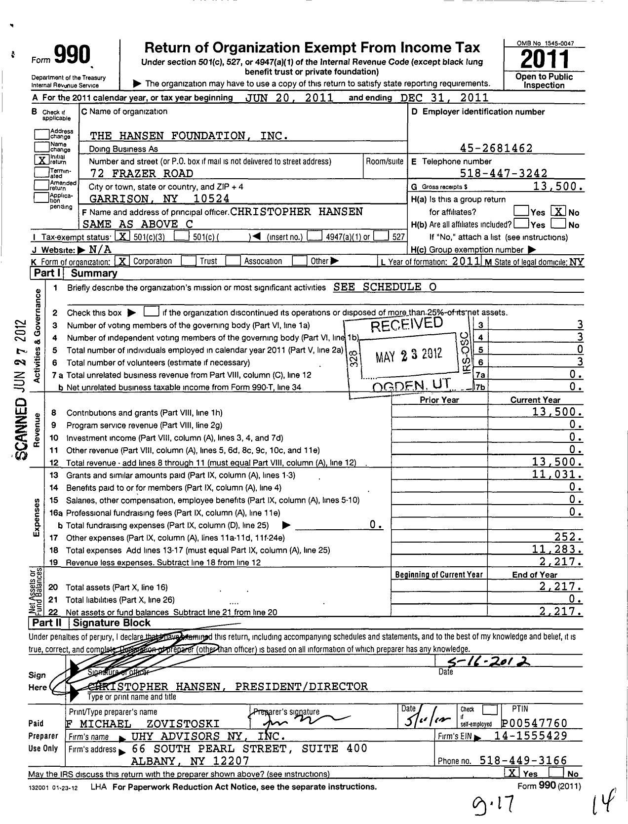 Image of first page of 2011 Form 990 for The Hansen Foundation