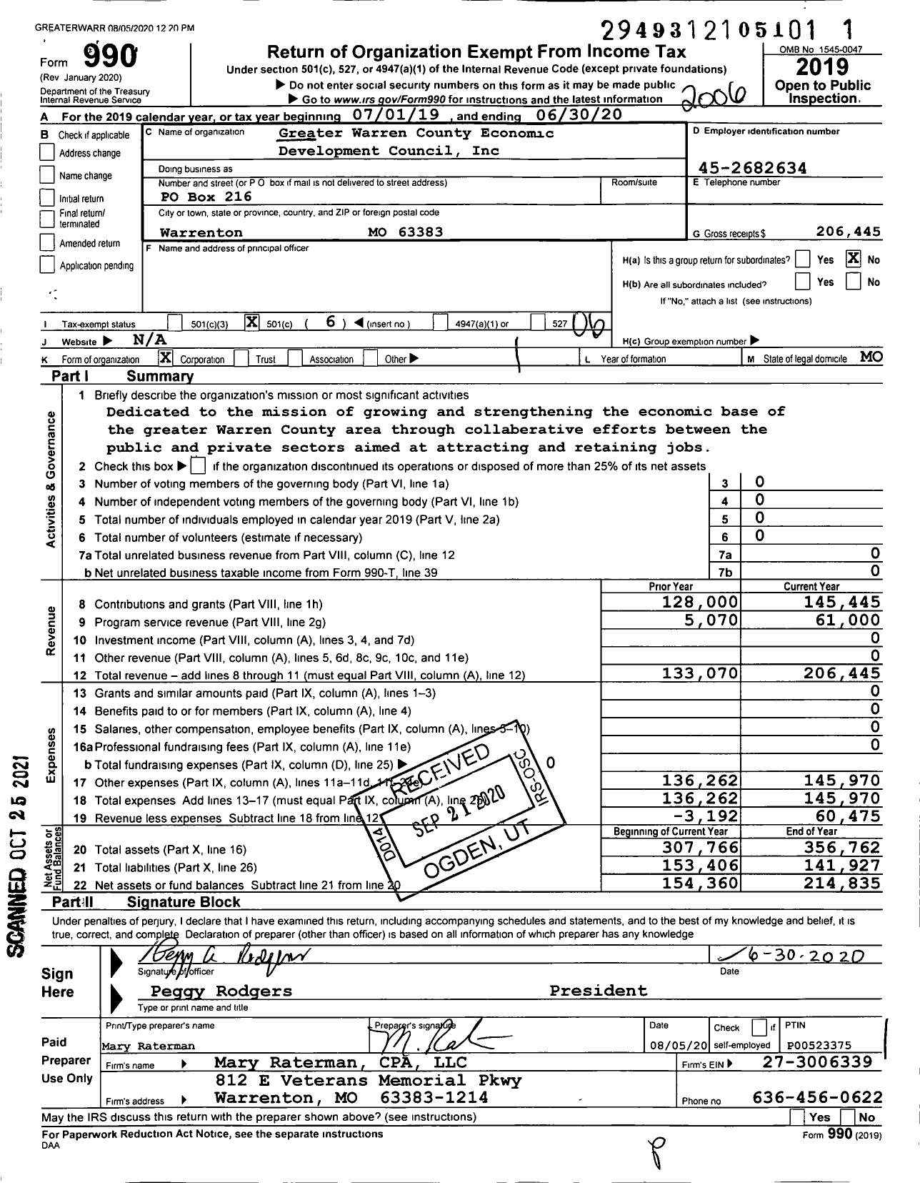 Image of first page of 2019 Form 990O for Greater Warren County Economic Development Council