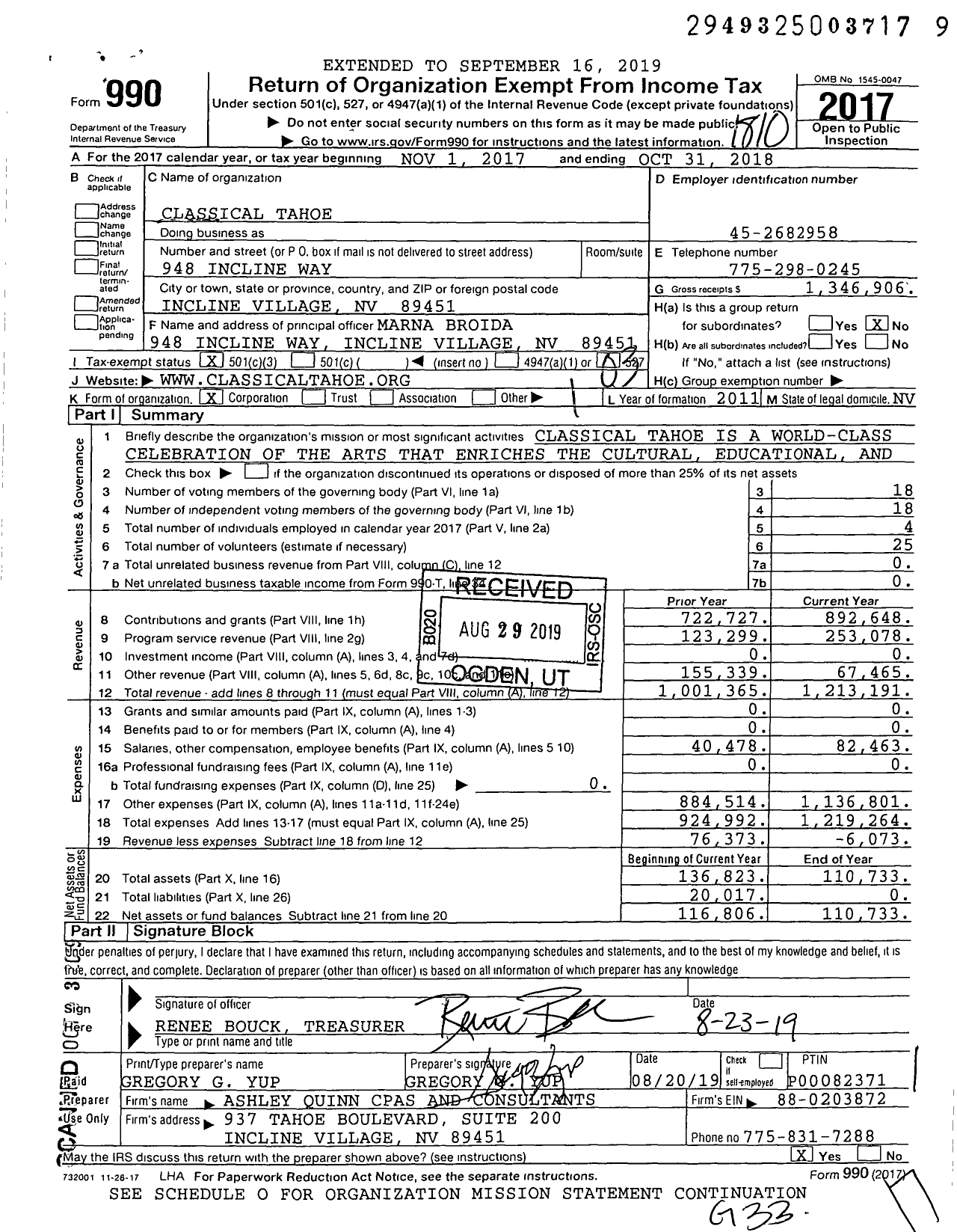 Image of first page of 2017 Form 990 for Classical Tahoe