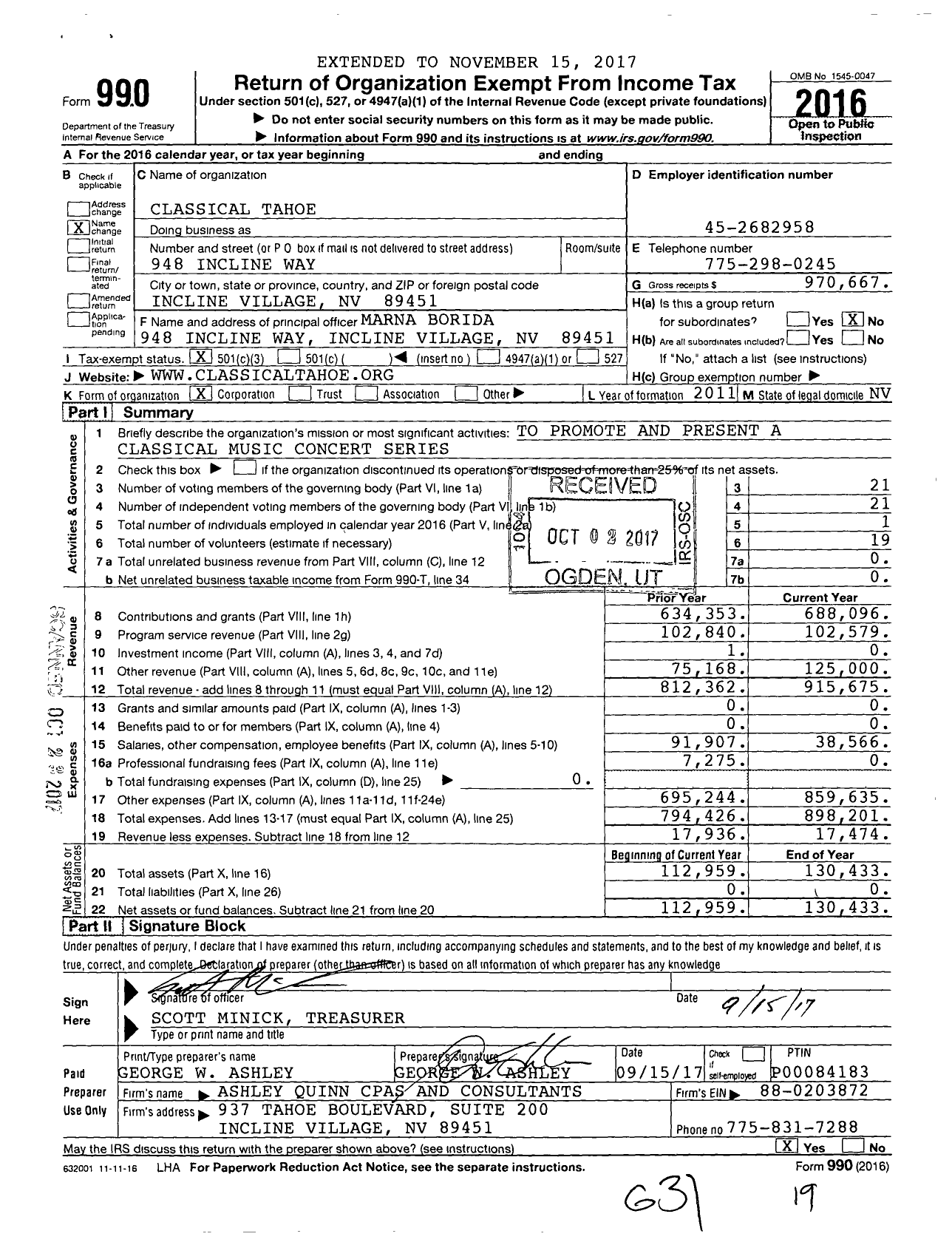 Image of first page of 2016 Form 990 for Classical Tahoe