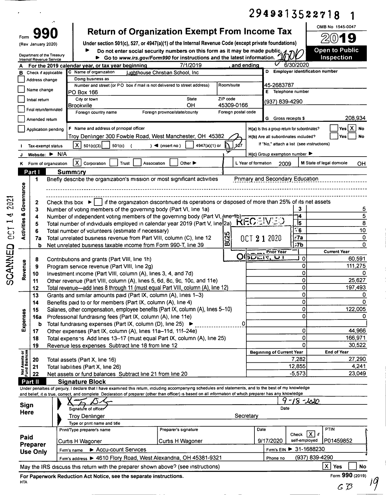 Image of first page of 2019 Form 990 for Lighthouse Christian School