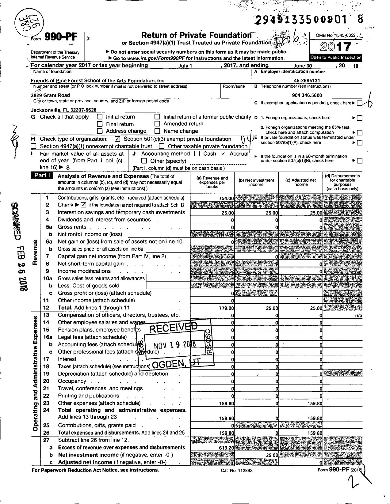 Image of first page of 2017 Form 990PF for Friends of Pine Forest School of the Arts Foundation