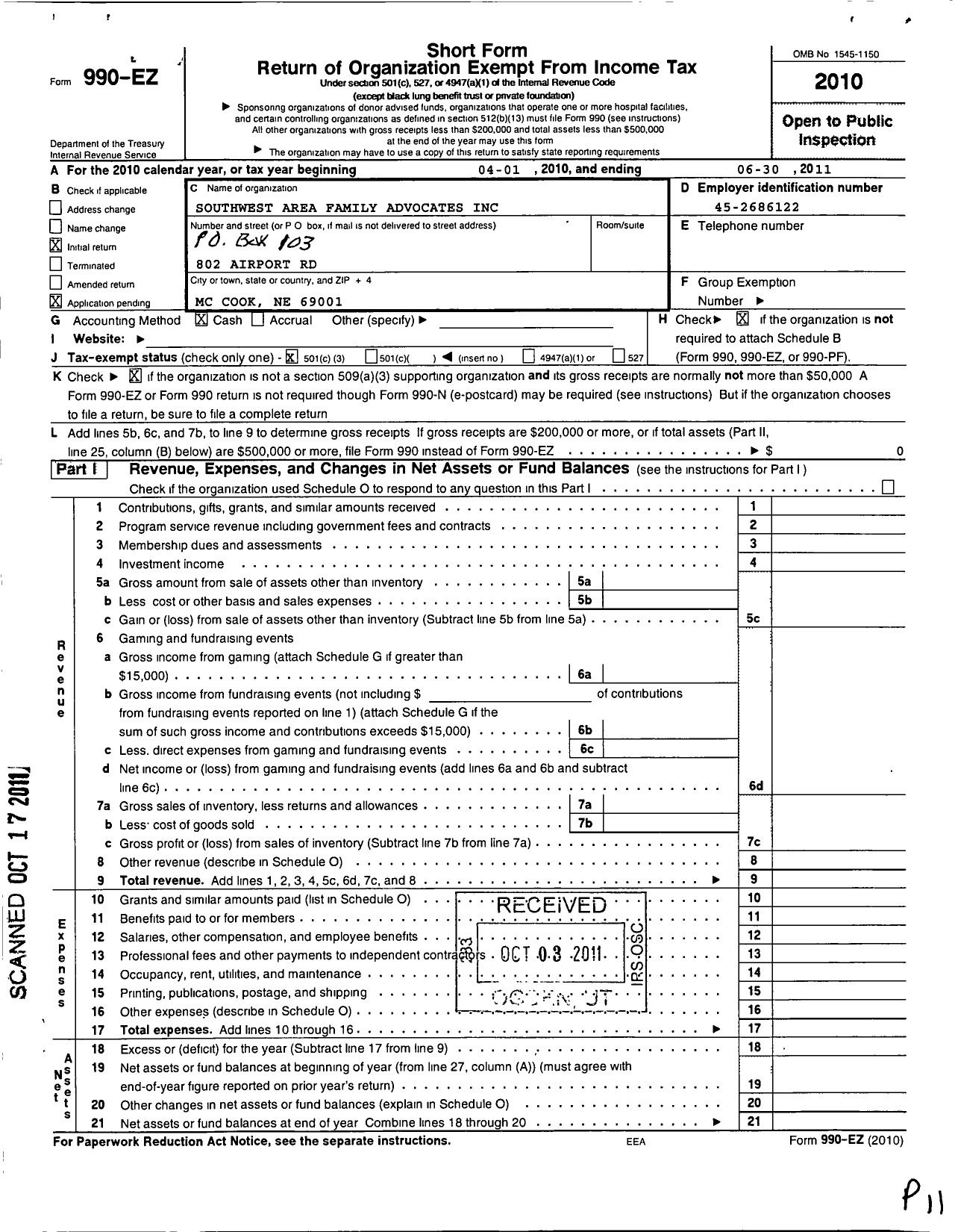 Image of first page of 2010 Form 990EZ for Southwest Area Family Advocates