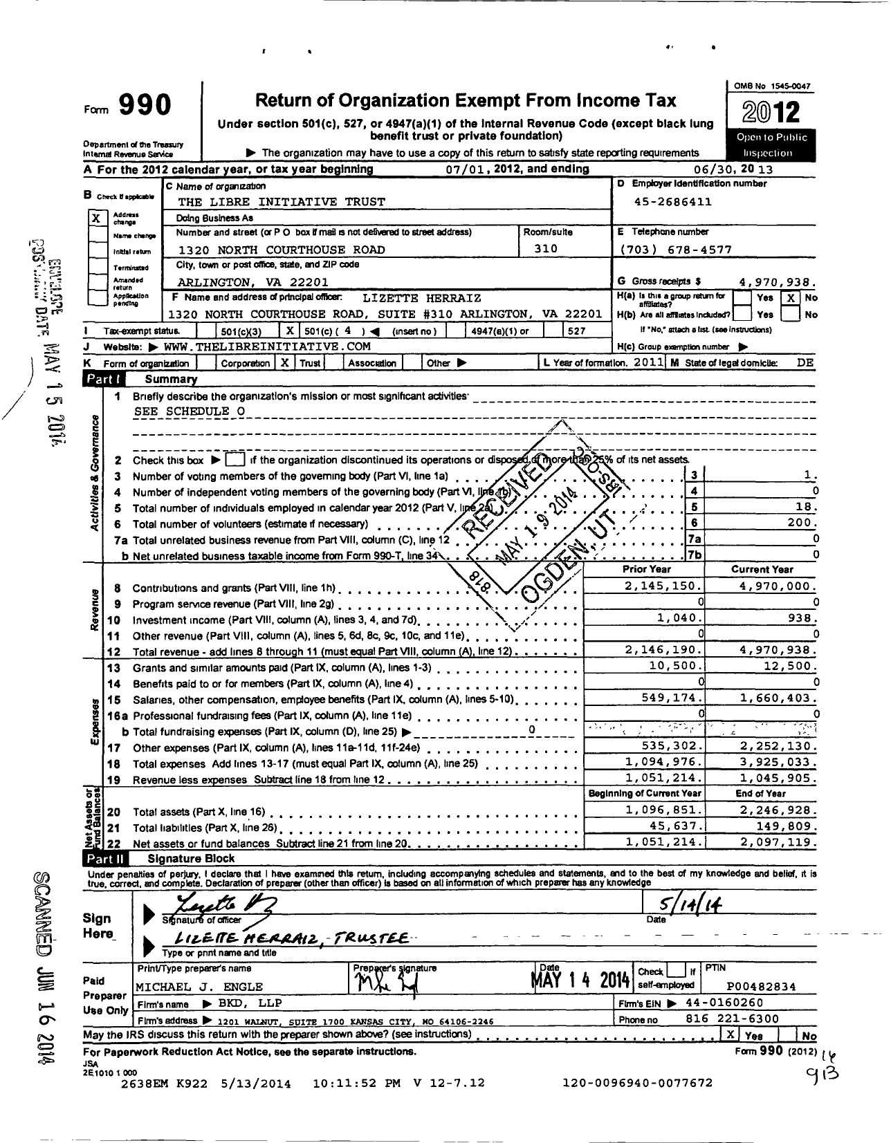 Image of first page of 2012 Form 990O for Libre Initiative Trust